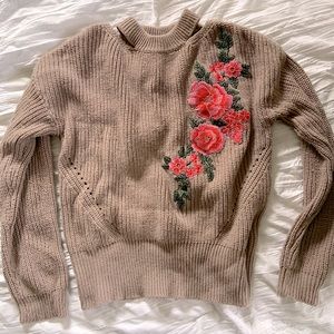 Taupe and Pink Floral Embroidery Knit Sweater Open Shoulder
